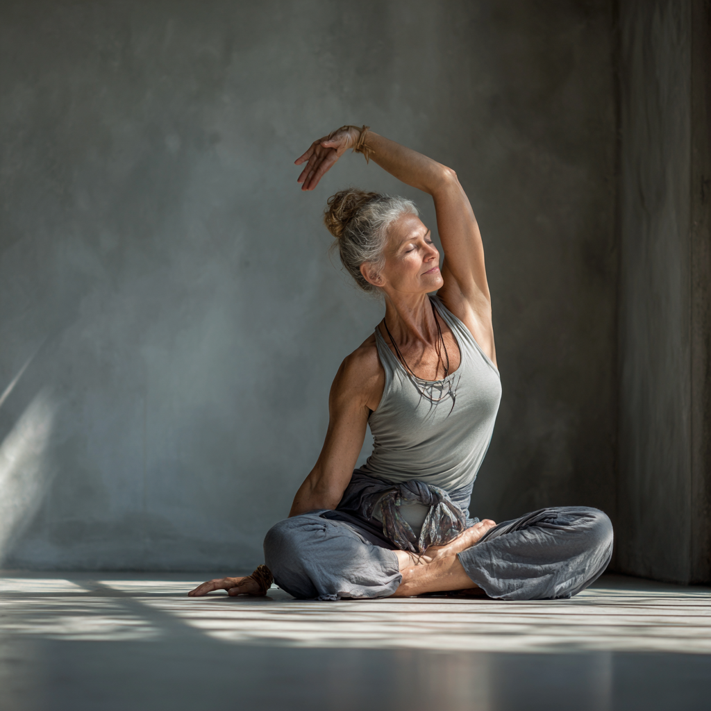 experienced senior yoga instructor demonstrating poses in natural light studio