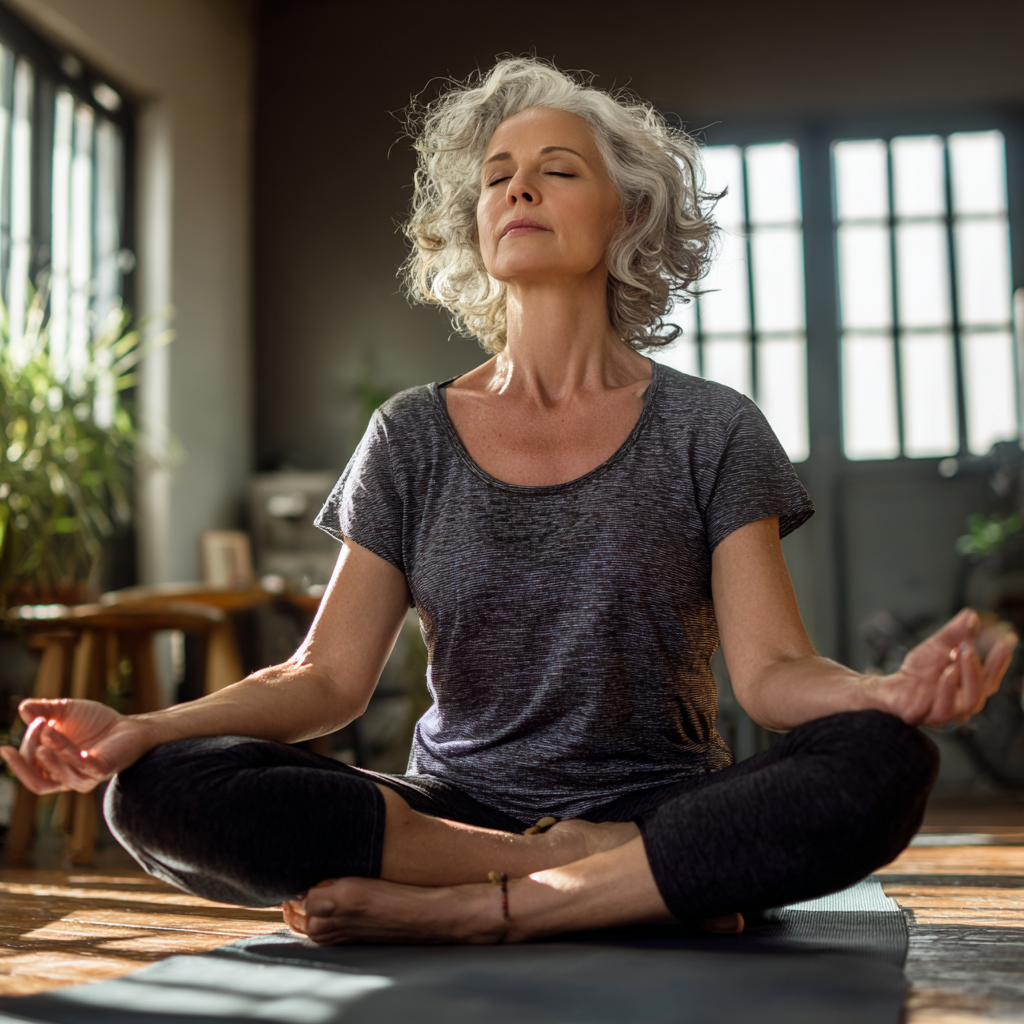 mature woman practicing yoga in peaceful studio setting